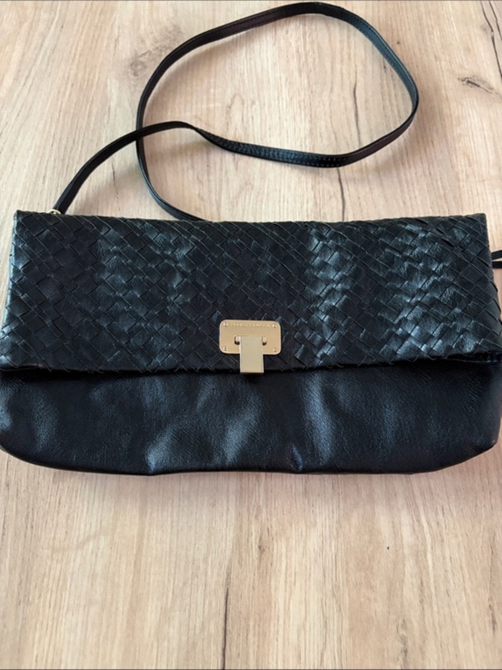 Elliott Lucca Black Woven Leather Foldover Crossbody Clutch Purse